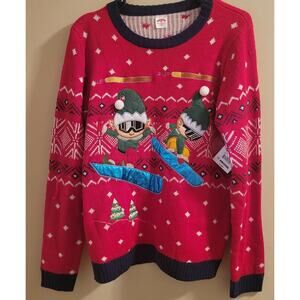 Ugly Christmas Sweater Snowboarding Elves Size 14/16 Red/Blue Holiday Time NWT